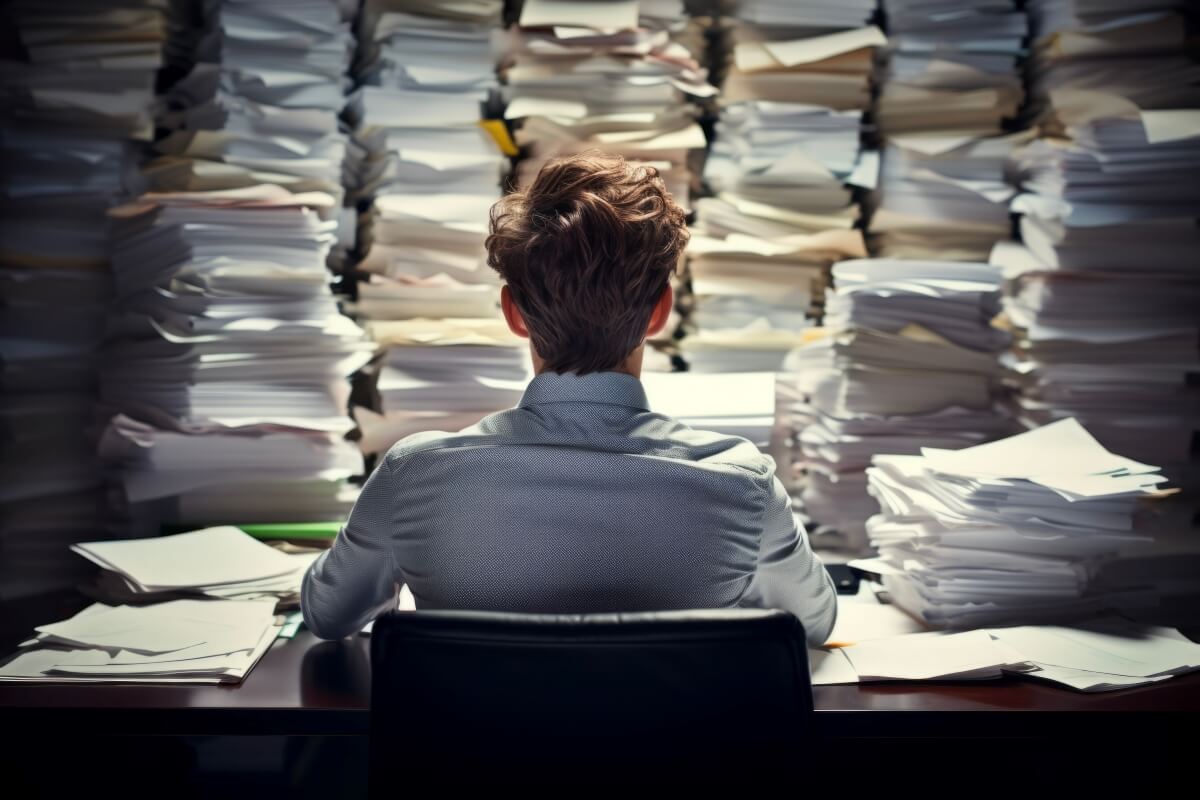 Cluttered office desk